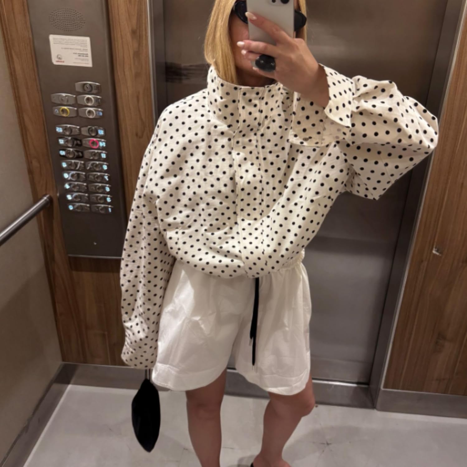 Xunger Women’s Polka Dot Jacket High Neck Long Sleeve Drawstring Hem Casual Trendy Cropped Coat with Pockets - Image 2