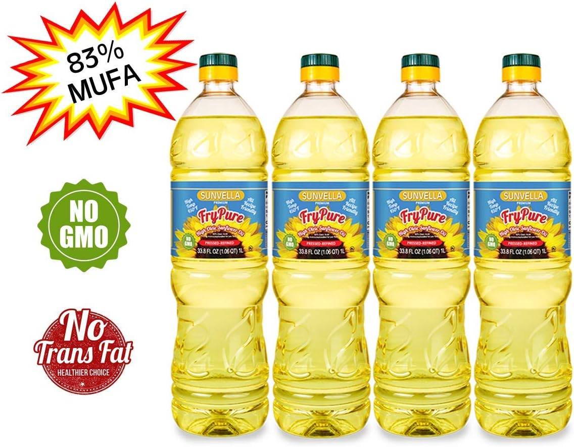 SUNVELLA FryPure Non-GMO High Oleic Sunflower Oil, Pressed-Refined 33.8 FL OZ (1.0 L) (Pack of 4)