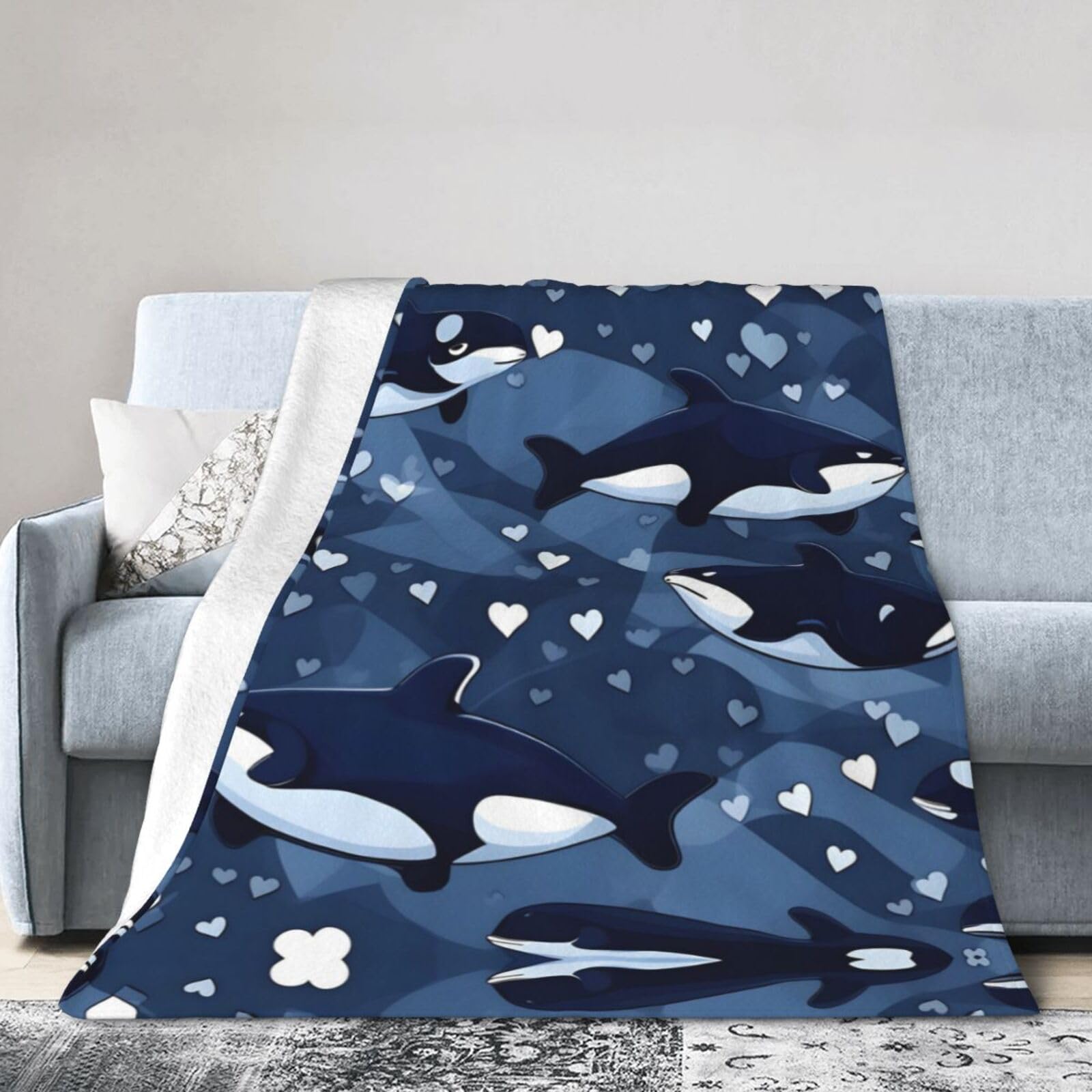 Blue Killer Whale 60"x50" Fleece Blanket, Full Size, Super Soft, Suitable for Bed, Sofa, Camping, All Seasons