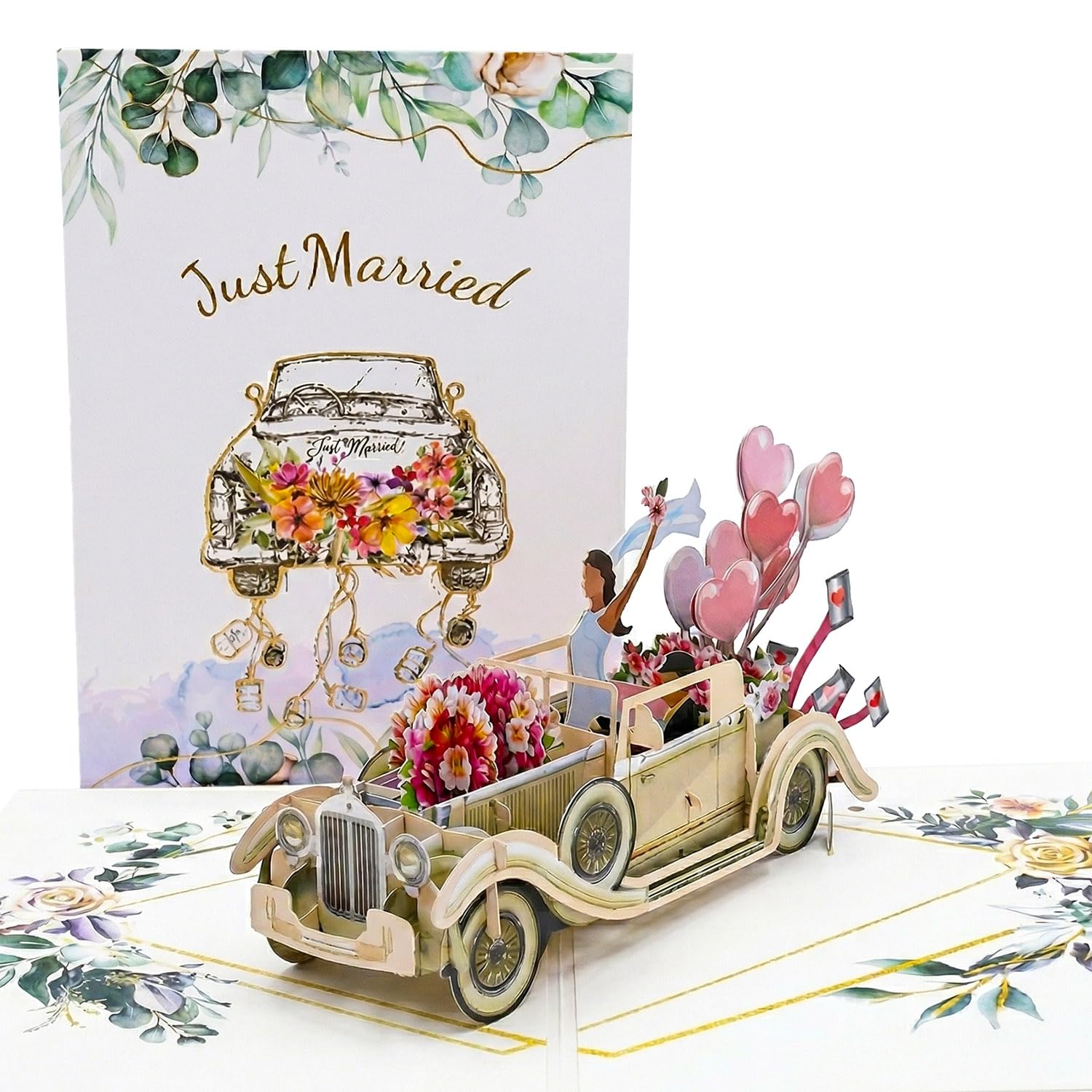 Sharonlily Vintage Wedding Car Pop Up Card, 3D Just Married Greeting Card with Bride & Groom, Romantic Anniversary Card, Engagement, Bridal Shower,