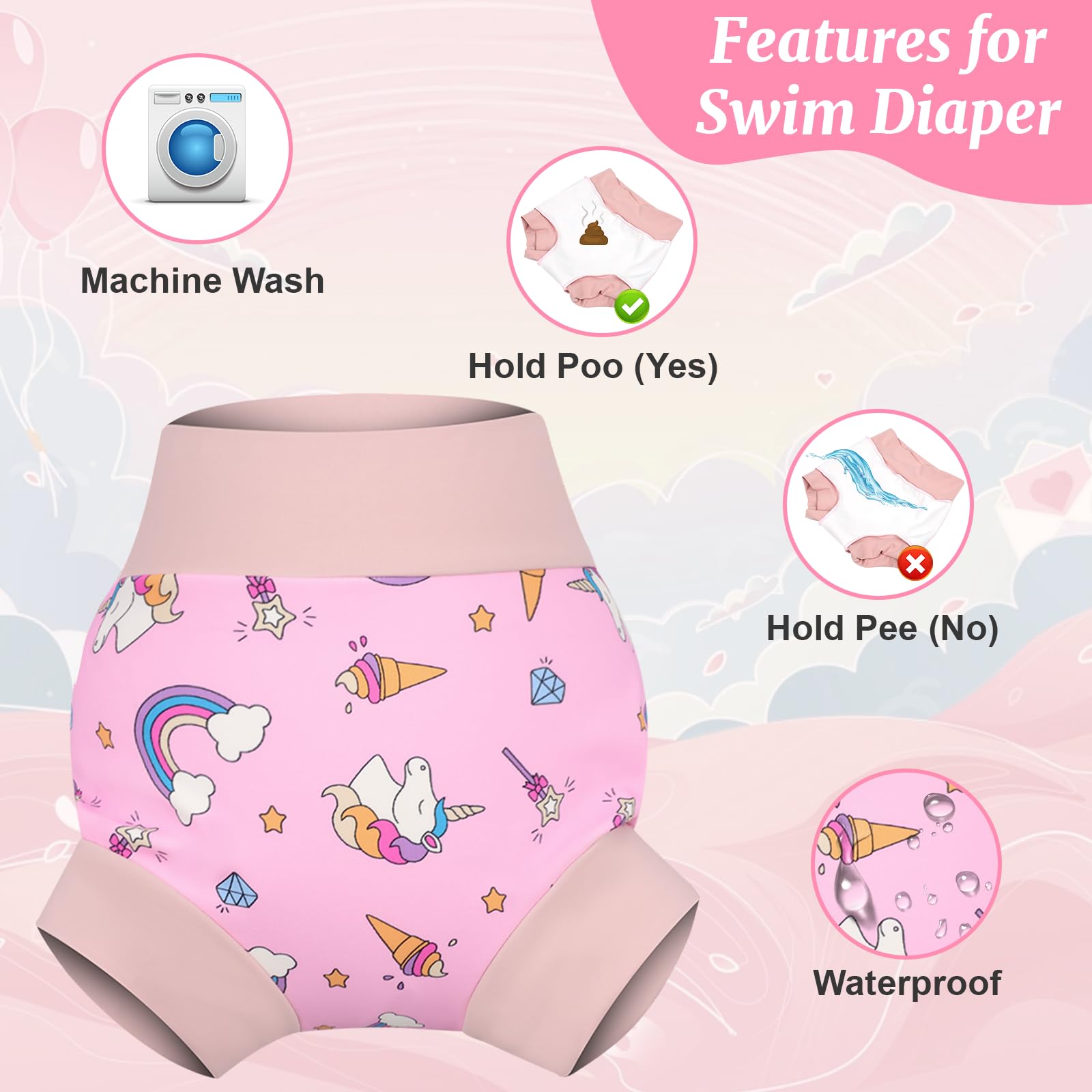 MOEMOE BABY Swimming Costume Toddler Long Sleeve Swimsuit Kids Rash Guard Two Pieces Swimming Suit Girls Swimwear with Swim Nappy,2 Years,S,Pink Unicorn - Image 3