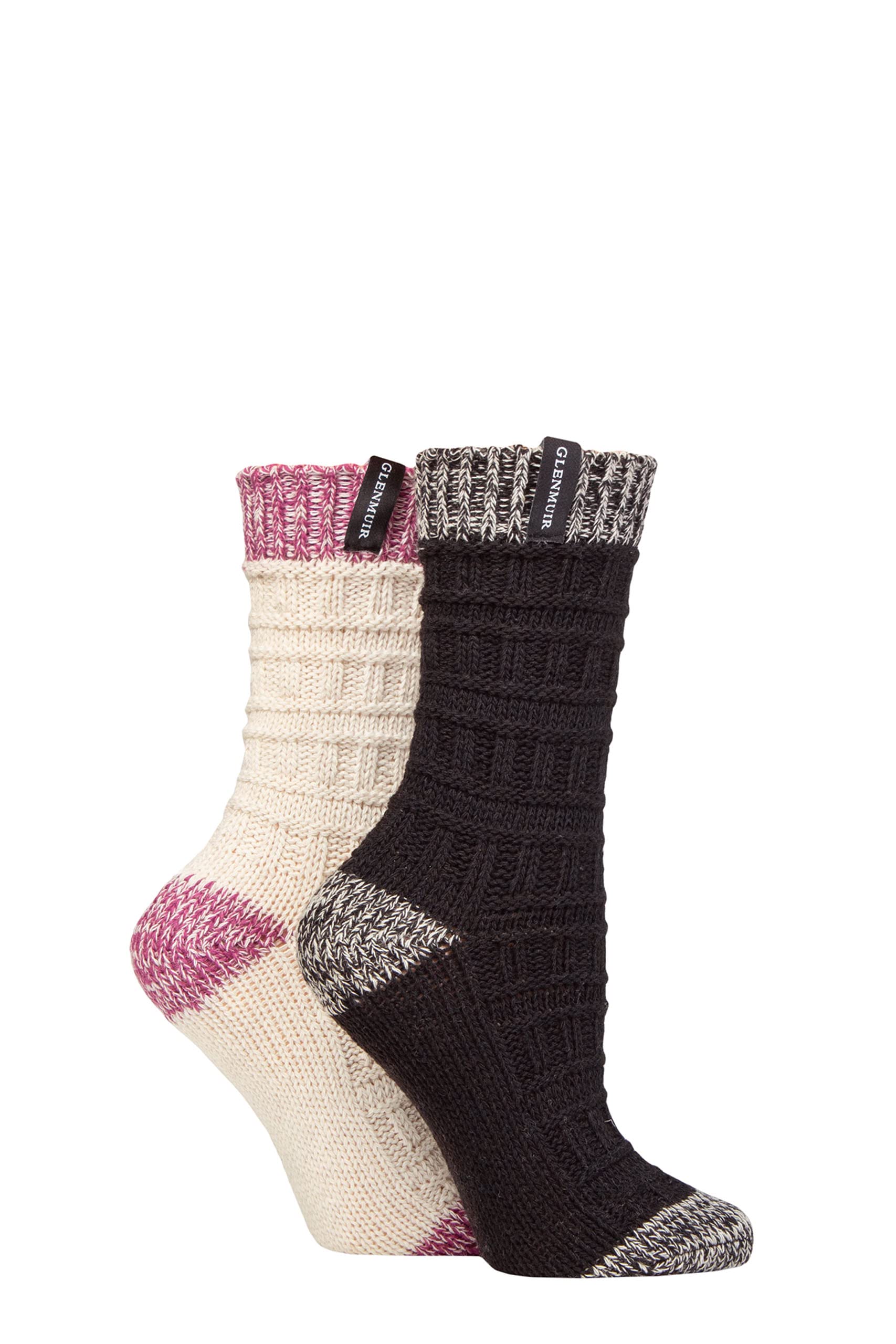 Glenmuir Ladies Classic Fashion Boot Socks Pack of 2 Stripe Black/Cream 4-8