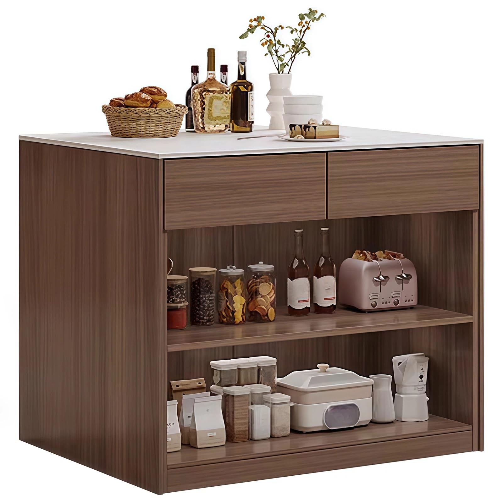 Mobile contenitore per cucina ad isola Isola cucina in legno con ripiani regolabili in pietra e maniglia nascosta(Bruin,Piccolo)