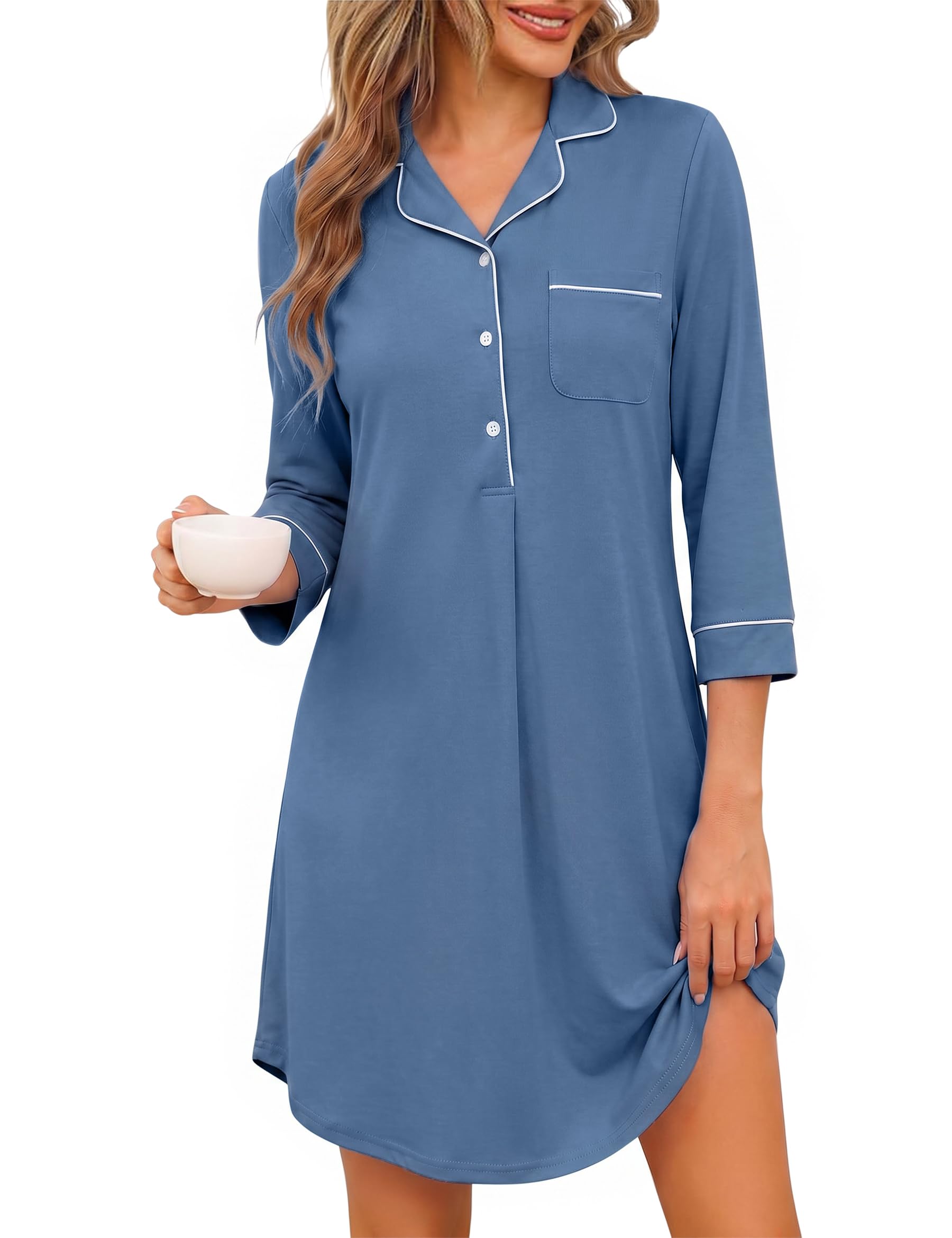 Ocextami Nachthemd Damen 3/4 Arm Schlafshirt mit Knopfleiste Baumwolle | Bequemes Nachtkleid langarm mit Reverskragen Brusttasche und lockerem Schnitt stilvolle Nachtwäsche für Schlafen und Zuhause