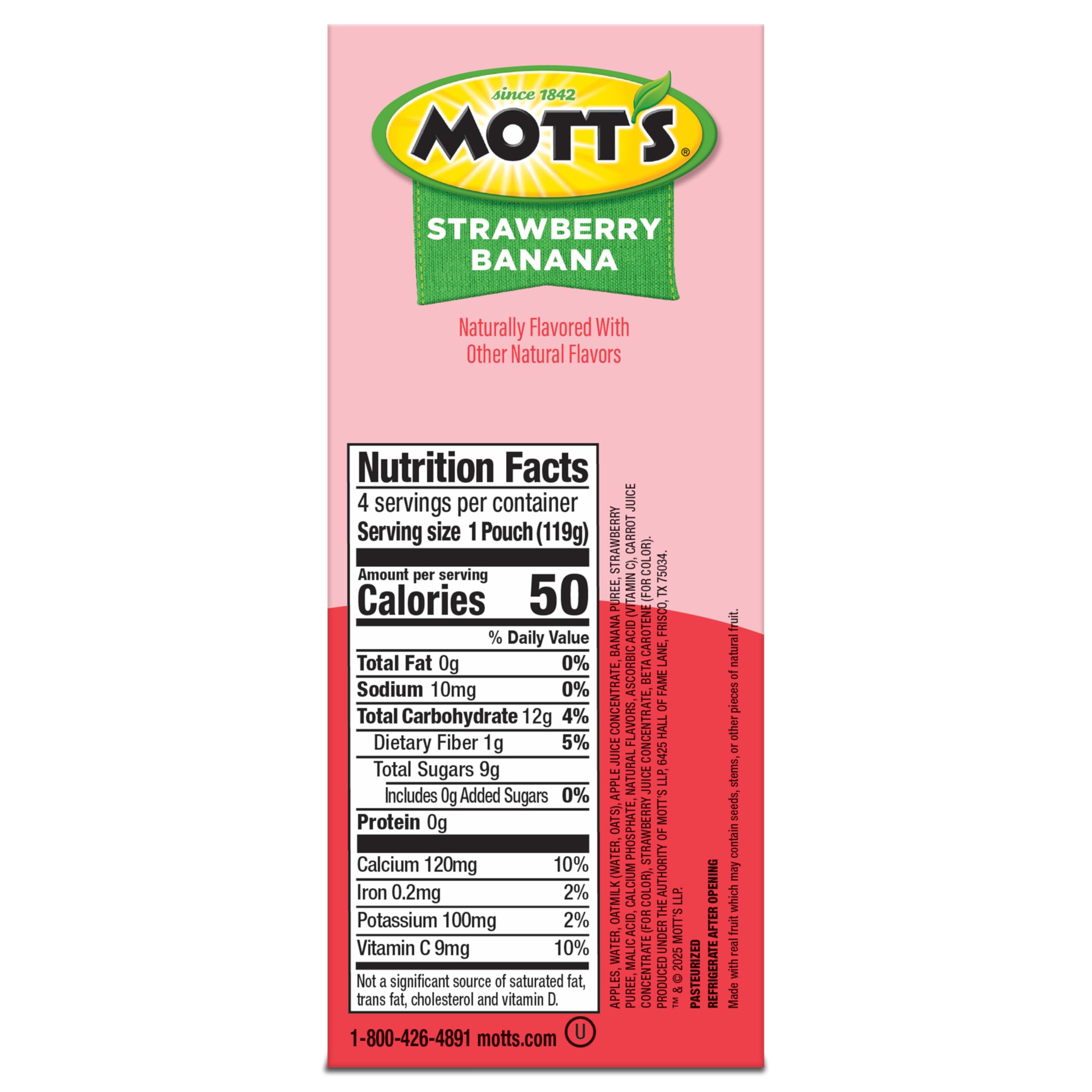 Mott’s Fruit Smoothies Strawberry Banana, 4.2 oz clear pouches, 4 Pack, Non-dairy, Made With Oatmilk, Made With Real Fruit, Good Source of Calcium, On-the-Go