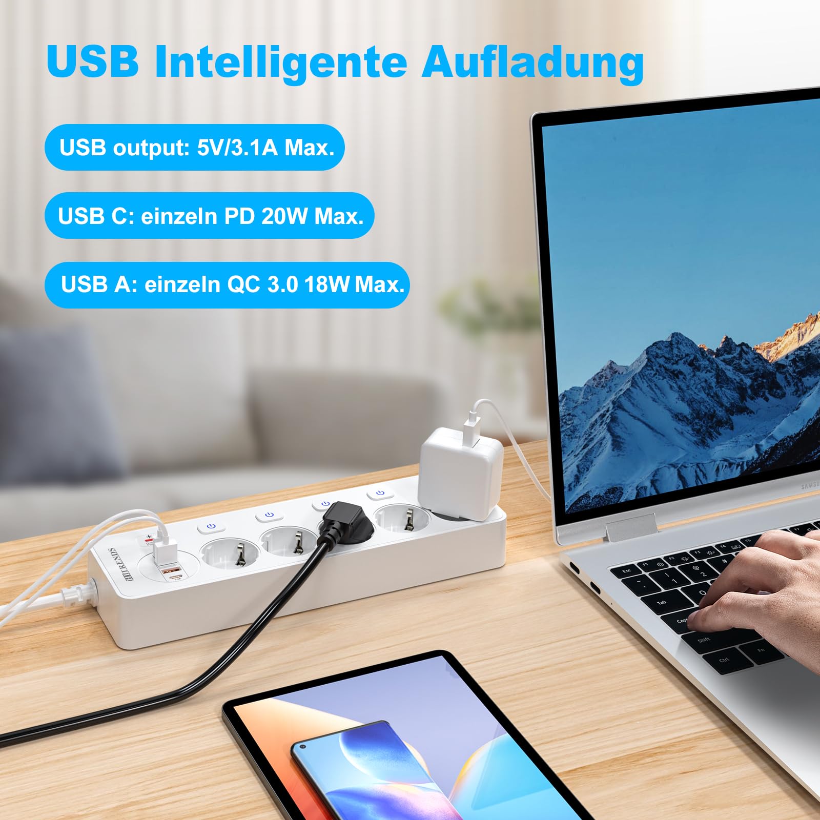 Listwa zasilająca z 5 gniazdami, indywidualnie przełączana, z 2 gniazdami USB A i 2 USB C, 5 gniazd z przełącznikiem, listwa zasilająca, montaż ścienny, z kablem przedłużającym 2 m, PD 20 W, biała
