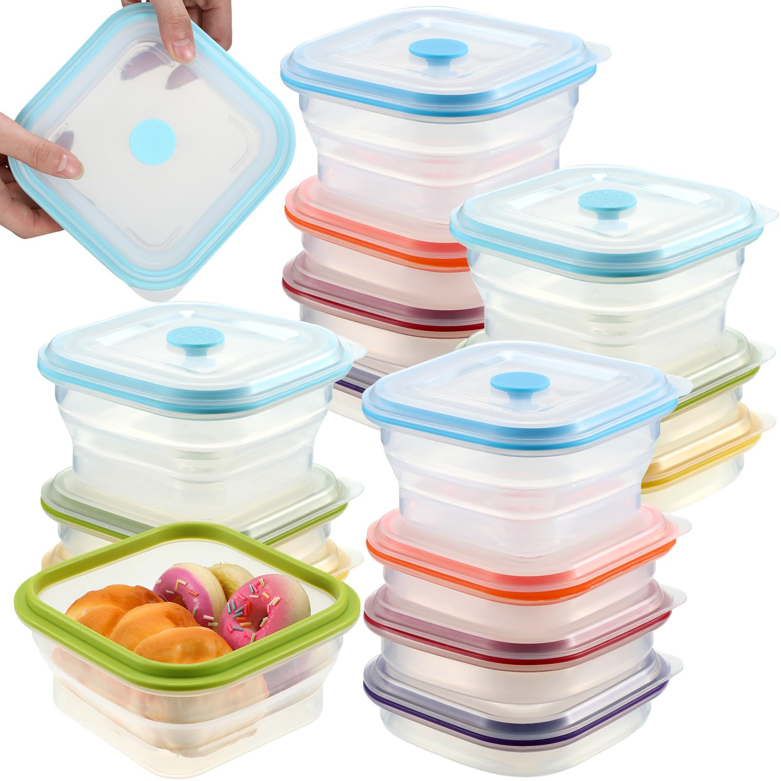 14 Pieces Surprise Gift 14 oz Food Collapsible Silicone Containers Box Storage Airtight Silicone Lids and Vent Box Containers, Oven, Microwave, Freezer Safe, 7 Colors(Square)