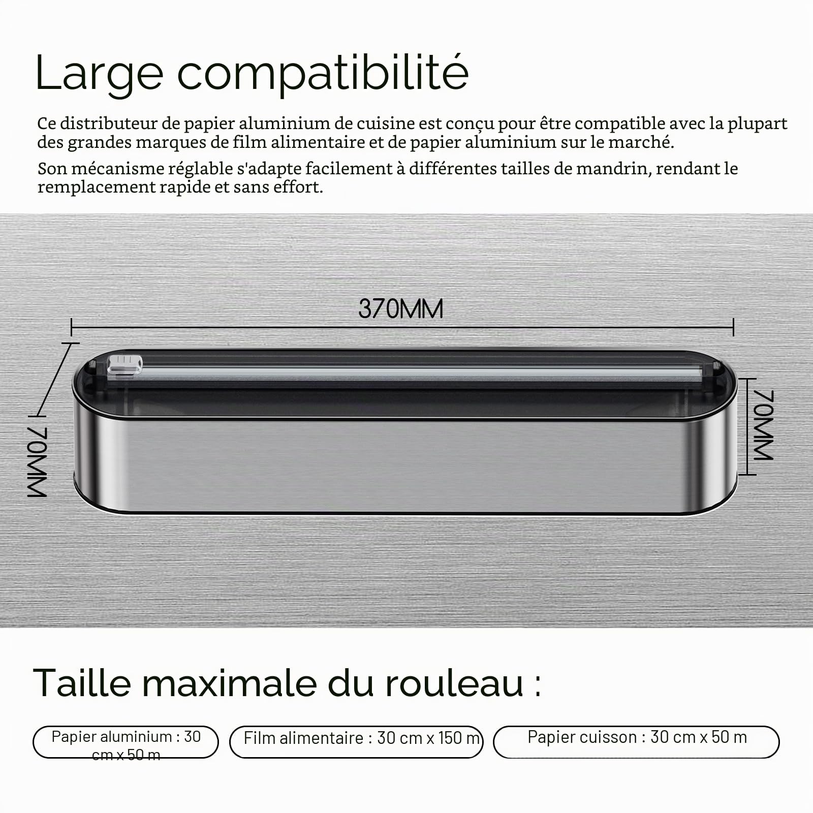 Derouleur film alimentaire- Aspect inox，Distributeur papier aluminium et film，Distributeur film alimentaire et -rouleaux 31 cm Compatibles, （couleur inox）