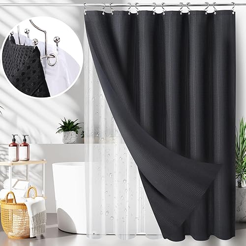 LaCyan Juego de cortina de ducha impermeable 3 en 1 y forro transparente con 12 ganchos de acero inoxidable de doble cara para baño, 72 pulgadas,