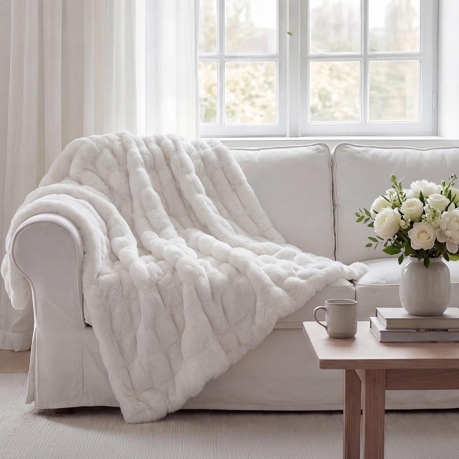 HiEnd Accents Ruched Rabbit Double-Sided White Faux Fur Throw Blanket 50x80 inch, Oversized Soft Cozy Fluffy Classic Chic Casual Reversible Throw, Modern Rustic Plush Fuzzy Warm Blanket for Bed, Sofa