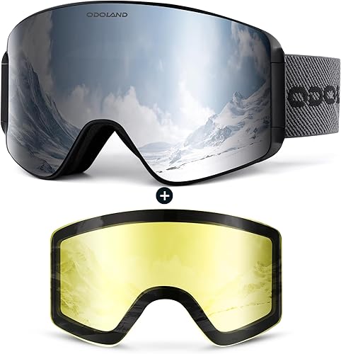 Odoland Gafas de esquí con lente desmontable sin marco, antivaho, con 100 % de protección contra rayos ultravioletas; gafas de esquí para nieve