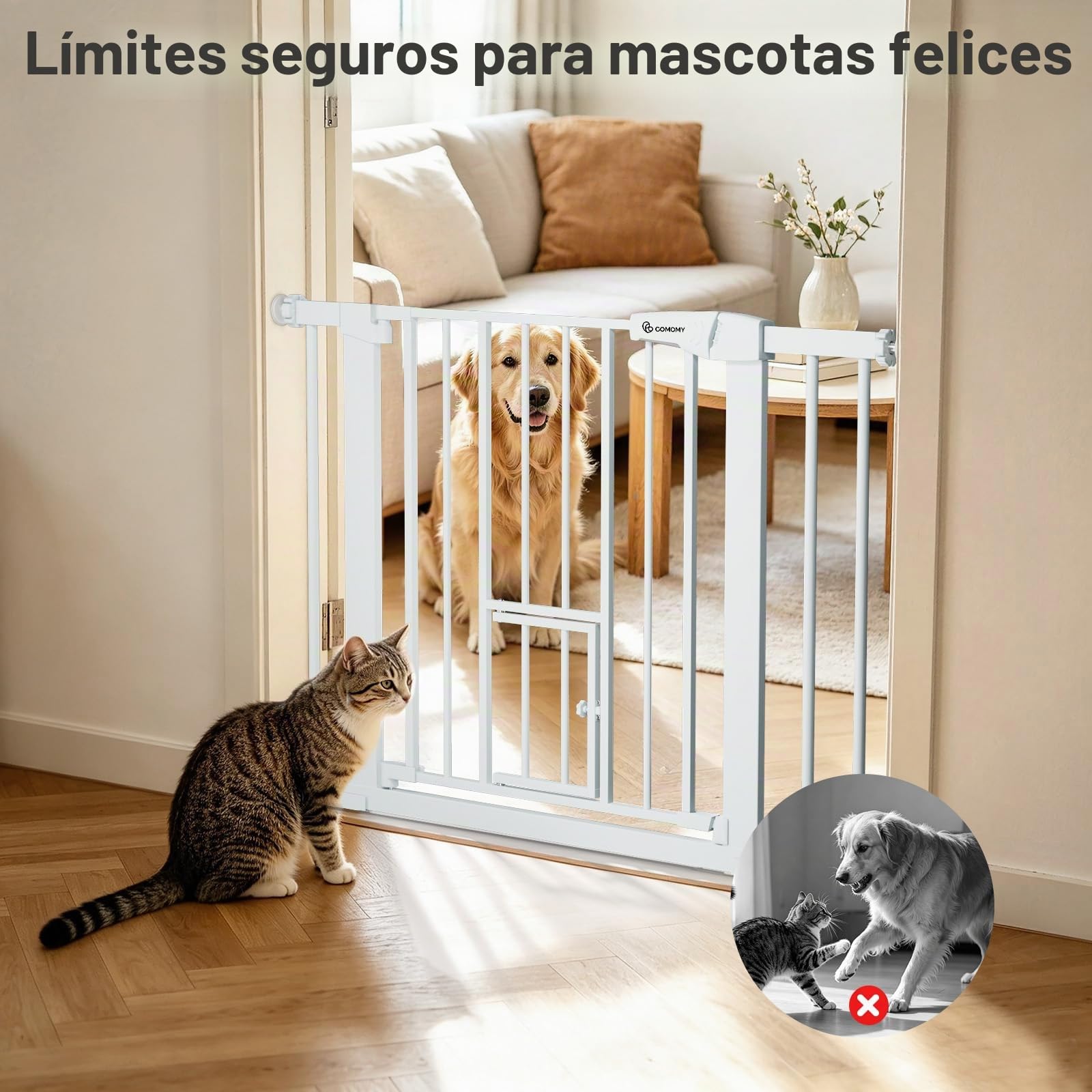 COMOMY Barrera para Perros con Puerta Pequeña y 2 Extensiones, 75-103 cm Barrera Seguridad niños Escalera, Auto Close, Sin Taladrar, Blanco | Puerta de seguridad montada a presión, incluye 4 tazas de pared y 2 piezas de extensión, color blanco
