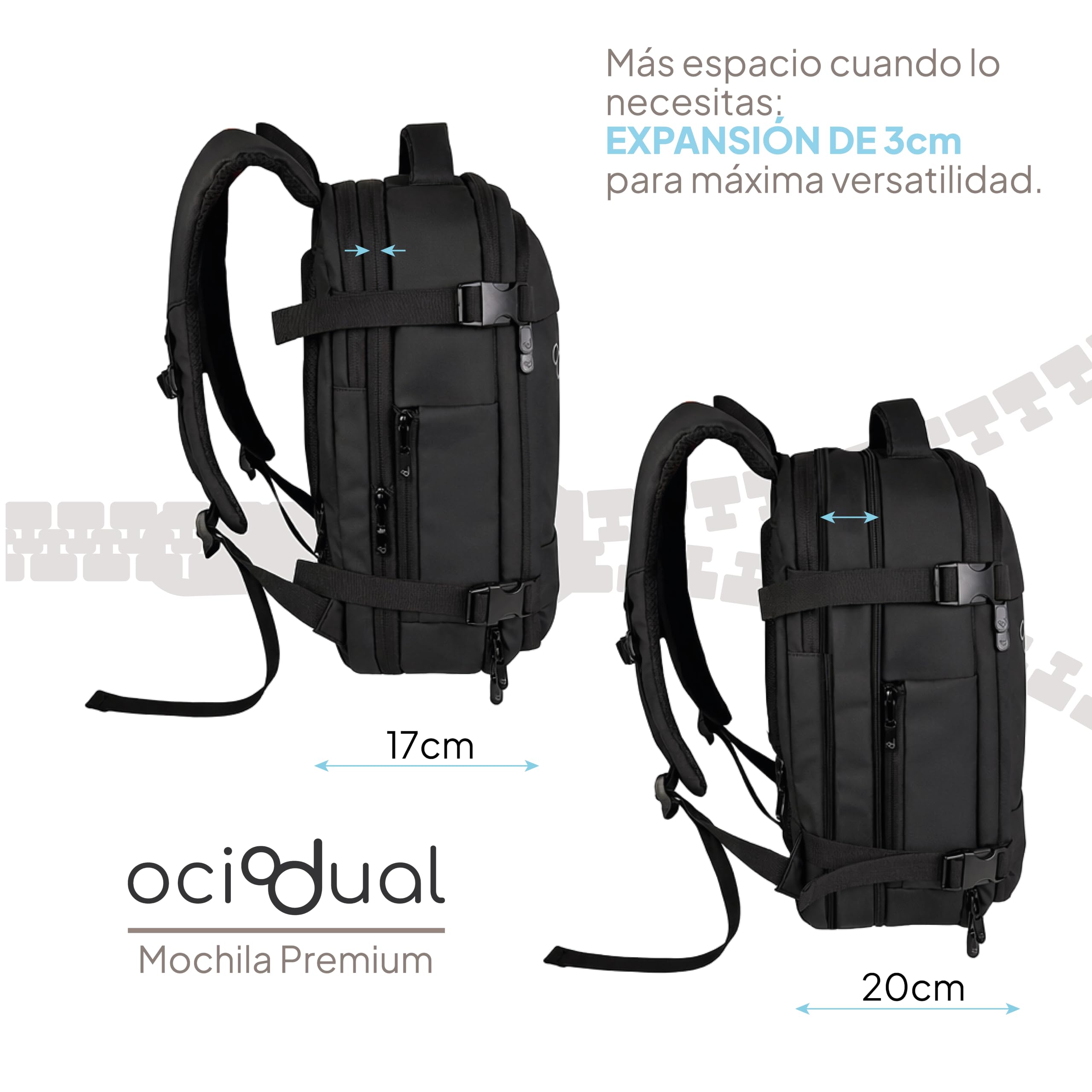 OcioDual Mochila Viaje Cabina Avion 40x30x20 Equipaje de Mano Expandible de 17-20 cm