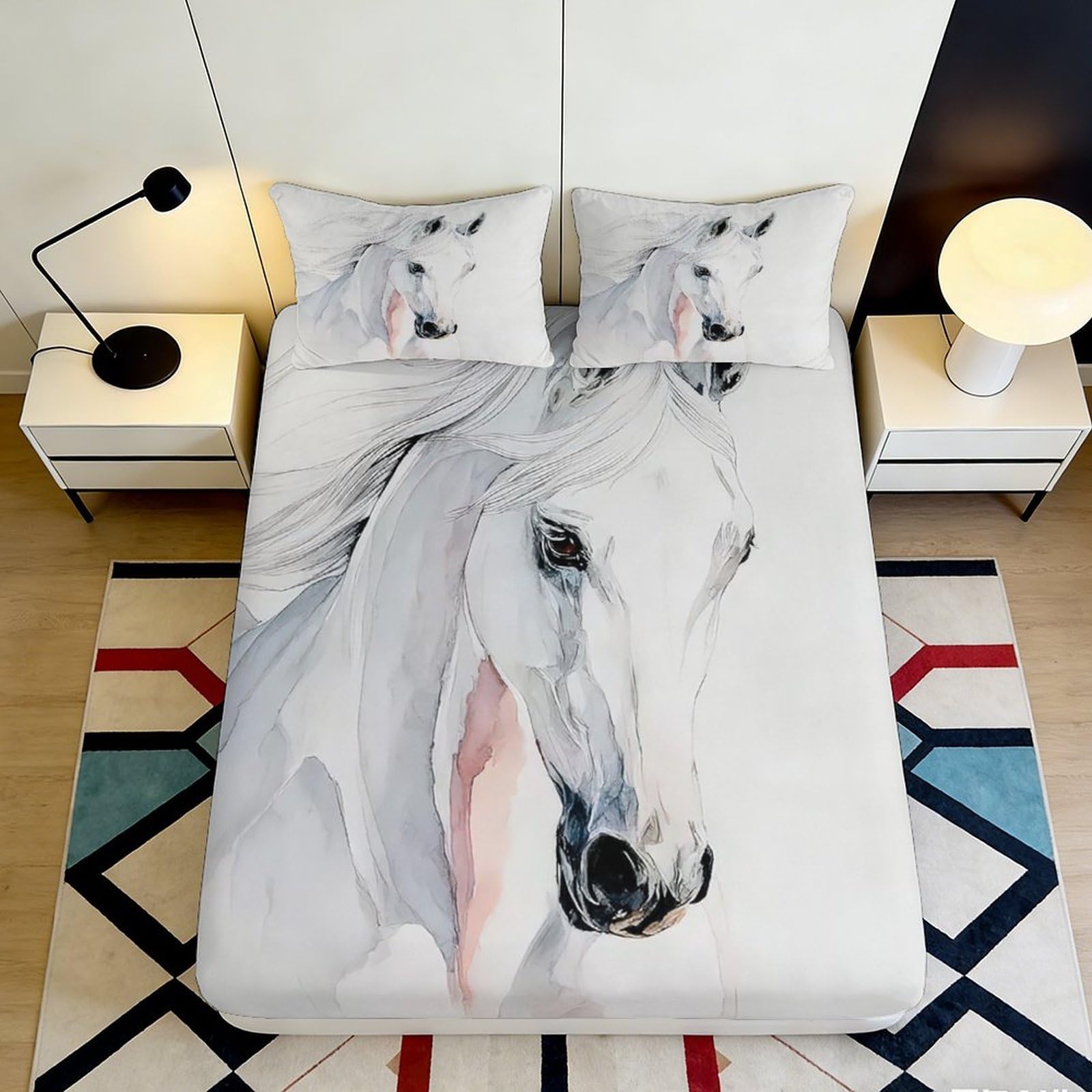3D Printed White Horse Fitted Sheet Microfiber Soft Breathable Watercolor Horse Mattress Cover Bedroom Decor 160x200x25cm