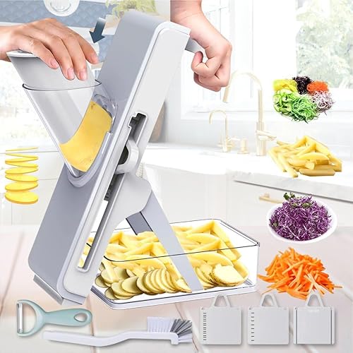 Rebanadora de mandolina segura mejorada Plus Cortadora de papas ajustable y picadora de verduras Cortador multifuncional para papas fritas y