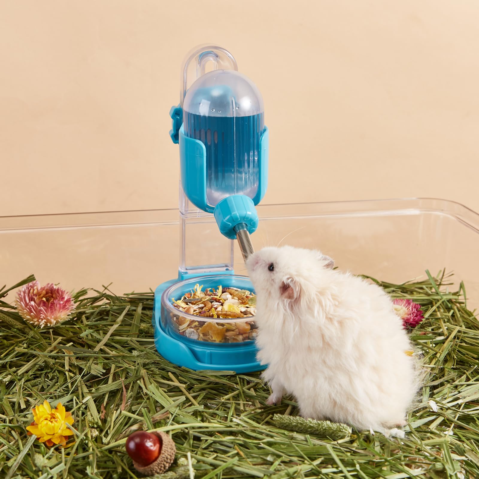 Bouteille d'eau pour Hamster avec Support, Distributeur d'eau de 100 ML avec Bol de Nourriture pour Hamsters Syriens, Hamsters Nains, Souris, Rats, Dégus (Bleu, P1692- Autoportant)