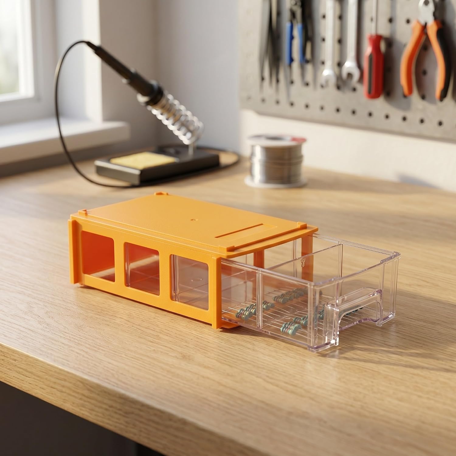 10 Pack Stackable Component Box with Drawer Storage, Orange Plastic