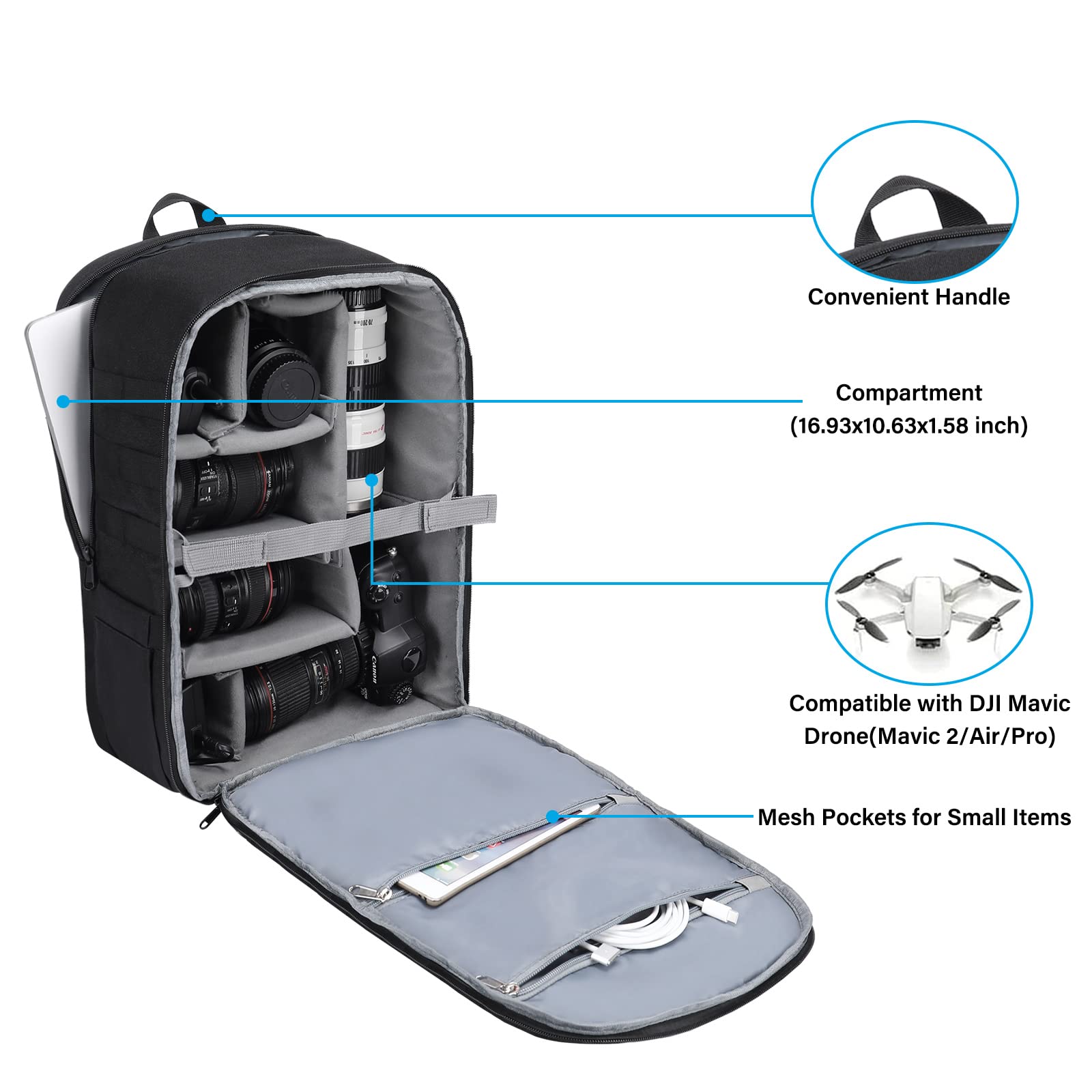 MOSISO Zaino Per Fotocamera,DSLR/SLR/Mirrorless Borsa per Fotografia Fotografica Tattica Supporto Per Treppiede E Scomparto Laptop Compatibile Con Canon/Nikon/Sony/DJI Mavic Drone,Nero