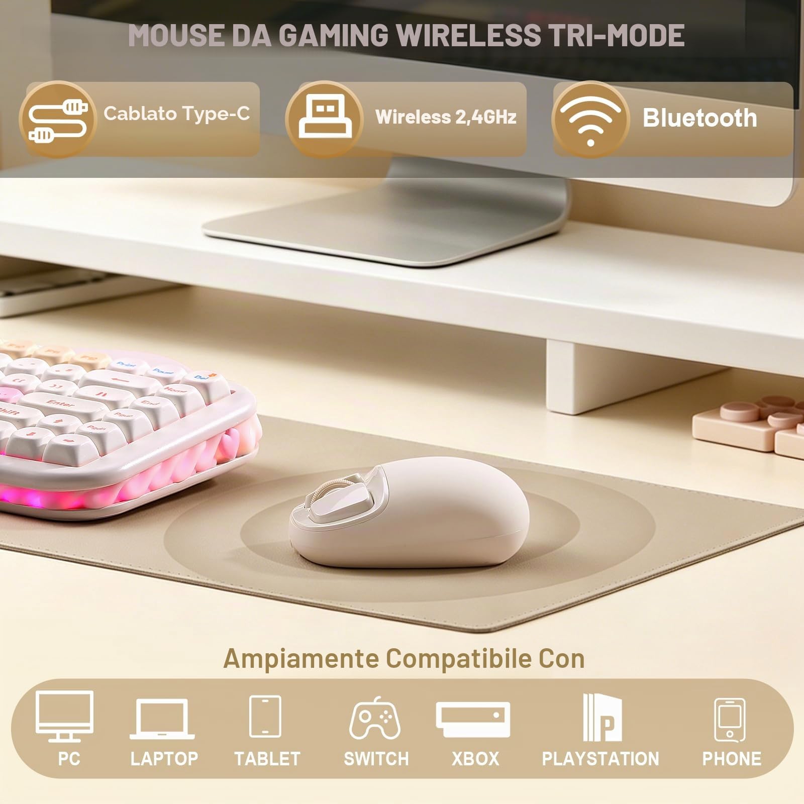 YUNZII C1 Mouse Wireless Silicone Senza Fili (Beige) | 6 Livelli Fino a 4800 DPI, Tri-Mode 2.4G/Bluetooth/Type-C, 500 mAh, Tracciamento Ottico, Mouse per Laptop, Mac, iPad, PC