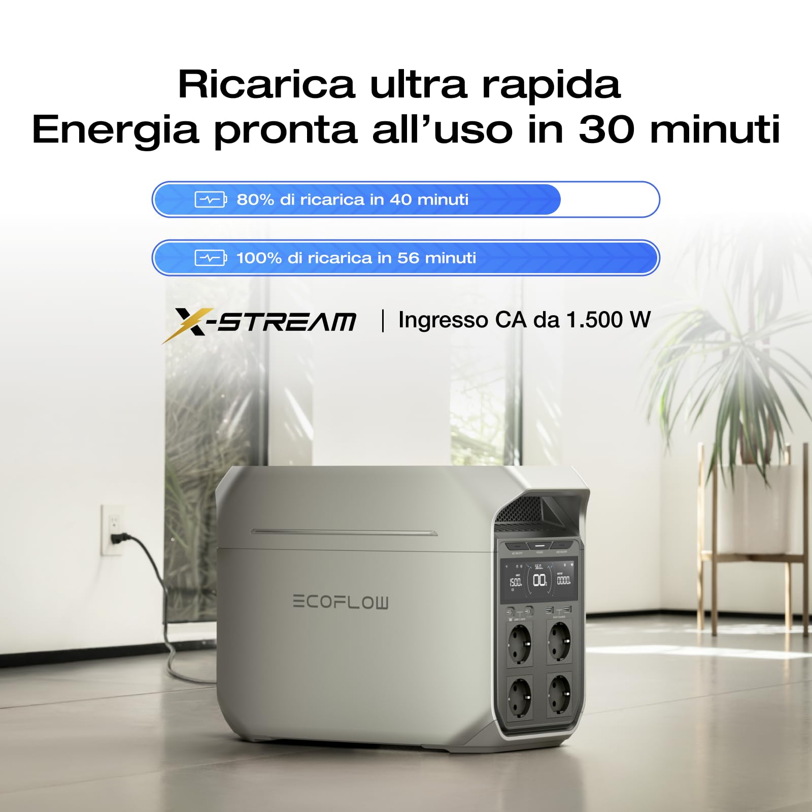 EcoFlow Centrale elettrica portatile DELTA 3 Plus, 1024Wh batteria LFP | ricarica completa in 56 min, uscita fino a 1800W, per backup domestico, interruzioni di corrente e campeggio