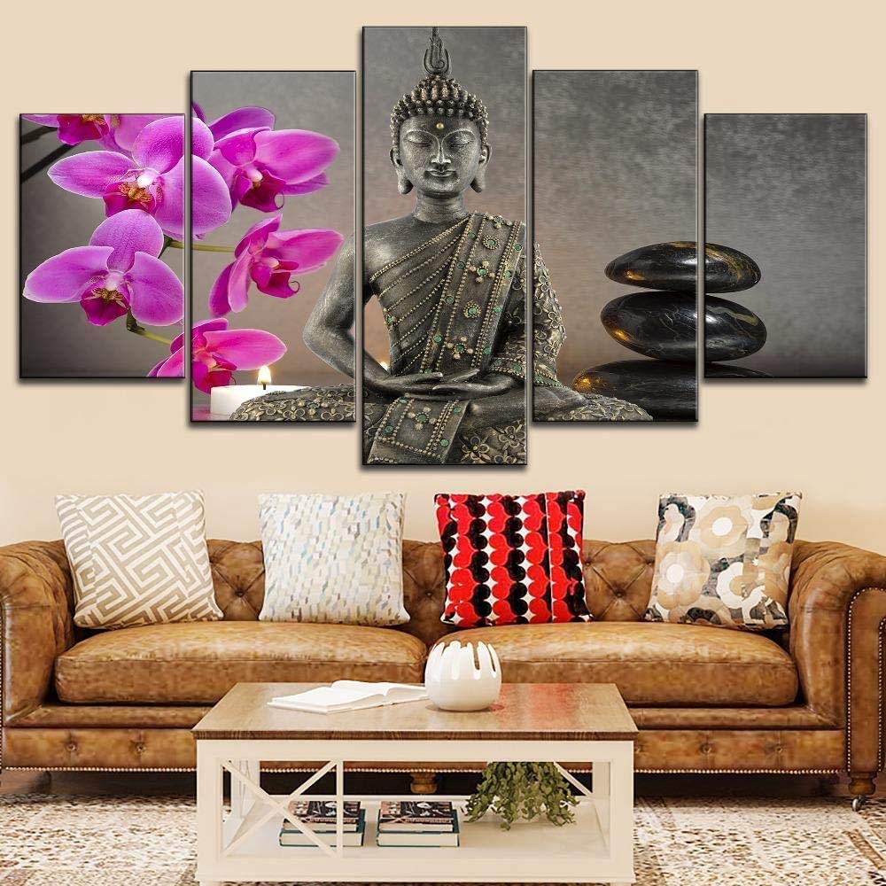 ThreU-5 Pieces Canvas,Board Painting,Modular Wall Decor,Hd Print,Abstract Mural Sticker Poster,Modern Home Decoration, Candles Orchids Buddha Zen Picture,Framed,30x40cmx2 30x60cmx2 30x80cmx1