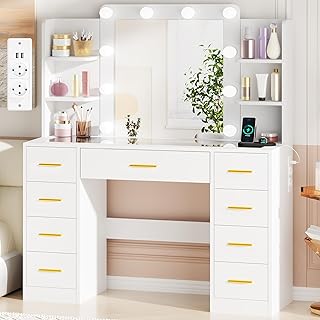 Comprar BEWISHOME Grande Tocador con Luces LED Regulables y enchufes, Mesa de Maquillaje con Espejo y Tapa de Vidrio,Tocador de Maquillaje con 9 cajones,4 estantes Abiertos Blanco EFST39W
