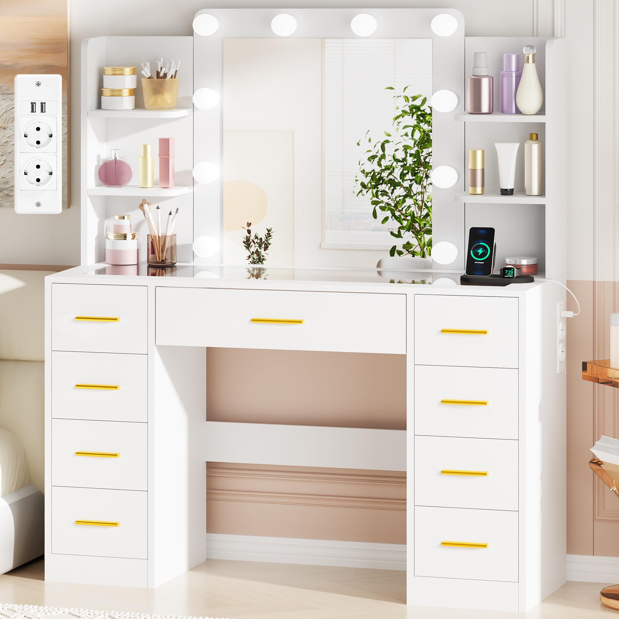 BEWISHOME Grande Coiffeuse avec Miroir et LED lumières