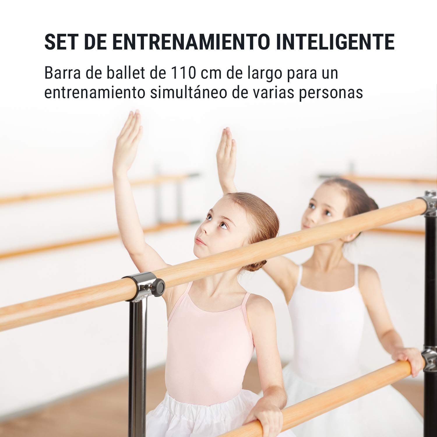 Klarfit Barre Doble de Ballet para Casa, Recubrimiento de Goma Antideslizante, Altura Flexible, Acero con Aspecto de Madera