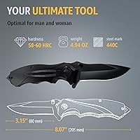 Vista 5 de Grand Way Cuchillo táctico para hombre Cuchillo de bolsillo negro El mejor cuchillo asistido por resorte con rompedor de vidrio y clip de bolsillo