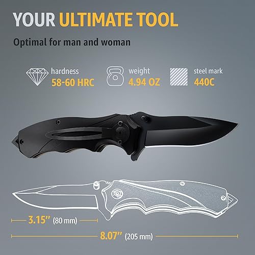 Miniatura 5 de Grand Way Cuchillo táctico para hombre  Cuchillo de bolsillo negro  El mejor cuchillo asistido por resorte con rompedor de vidrio y clip de bolsillo