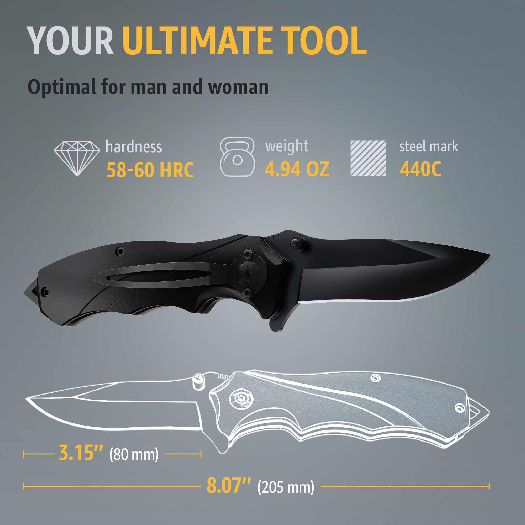 Grand Way Tactical Knife for Men - Black Pocket Knife - Best Spring Assisted Knife with Glass Breaker and Pocket Clip - Cool Folding Knives for Military Work Camping - Birthday Gifts for Dad 6495 B