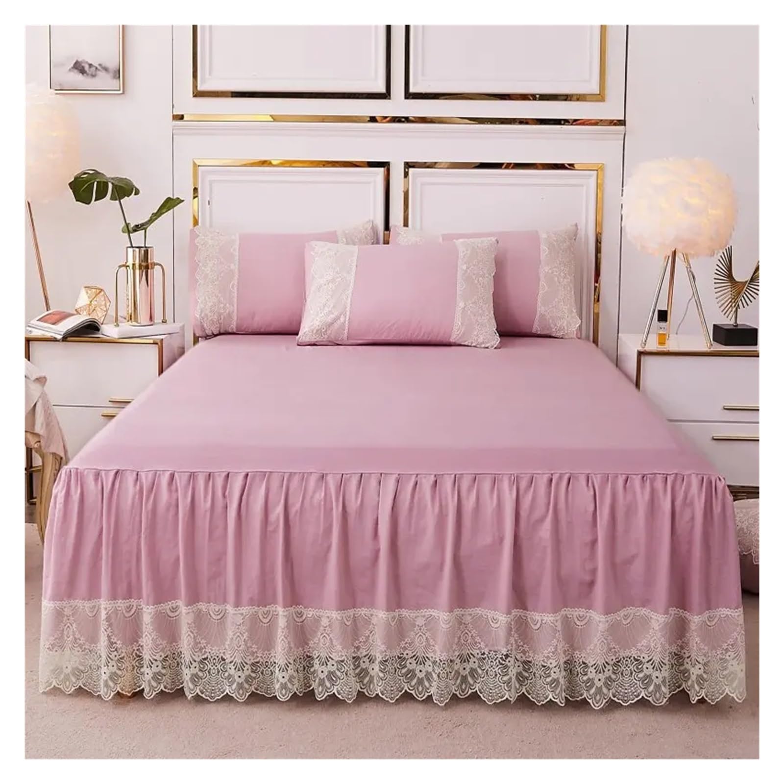Washed Lace Bed Skirt With Pillowcases Bedding Bedspreads Sheet Solid Color Lace Bedding Set(02,180x200cm 3pcs)
