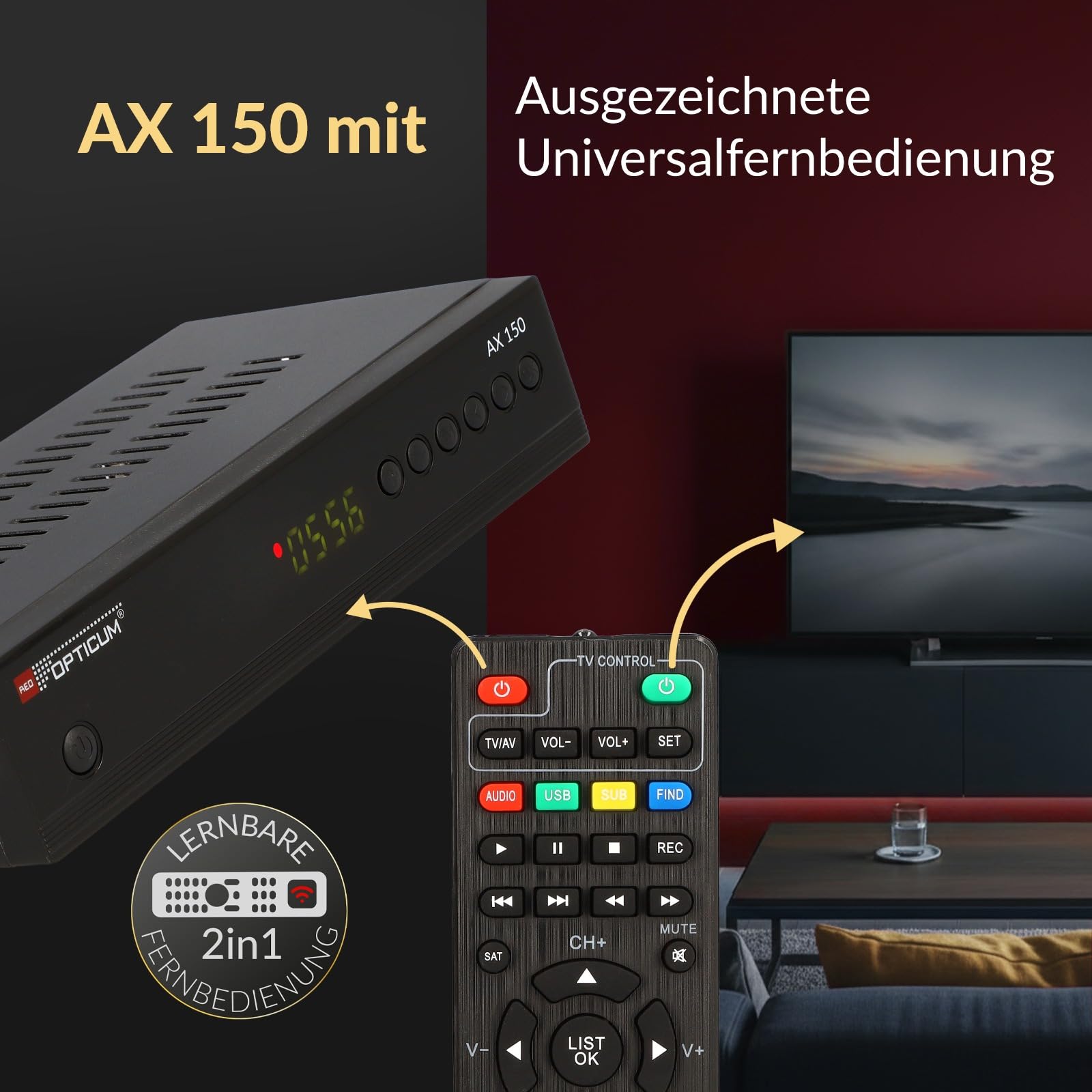 RED Opticum AX-150 Sat Receiver mit Aufnahmefunktion PVR Ready, Digital Sat-Receiver HD fähig für Satelliten, Satellitenschüssel mit HDMI - SCART - USB, TV HD-Receiver Satellit TV (Test: SEHR GUT)
