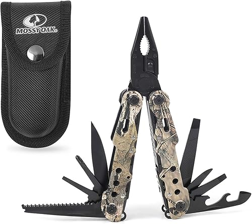 MOSSY OAK Multiherramienta, alicates multiherramienta plegable 13 en 1 con funda de nailon, herramienta EDC de camuflaje de acero inoxidable,