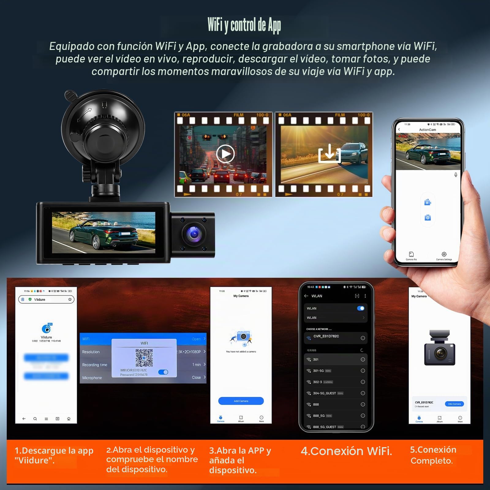 OiLiehu 3 Canales Cámara para Salpicadero 3,16 Pulgadas para Coches, Full HD 2,5K+1080P+1080P, Tres Lentes con G-Sensor/Control App/Grabación en Bucle/Visión Nocturna/Asistente de estacionamiento/GPS