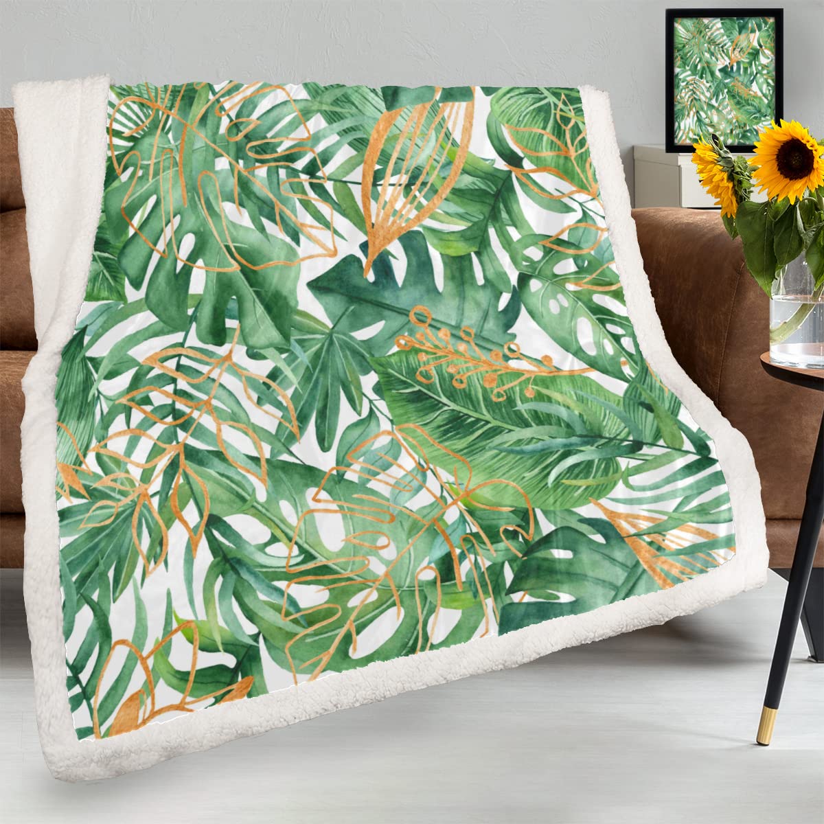 Manta tropical de hojas de palma para sofá, invierno, manta suave, patrón de verano, cálida lana de cordero para niños, mujeres y hombres