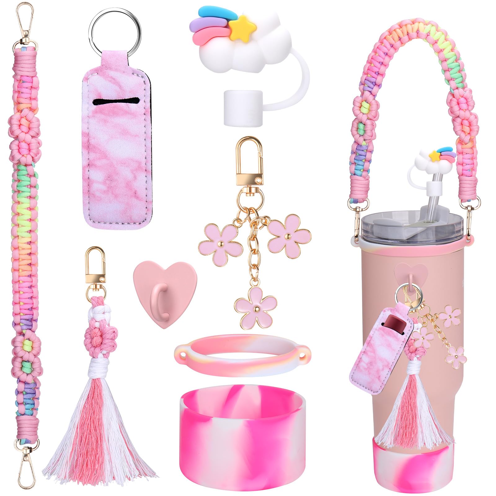 Mity rain Cup Accessories for Stanley Cup 20oz 30oz 40oz Tumbler with Handle, Including Water Bottle Handle Strap, Chapstick Holder, Boot, Keychain Charms, Straw Topper for Kids (Pink)