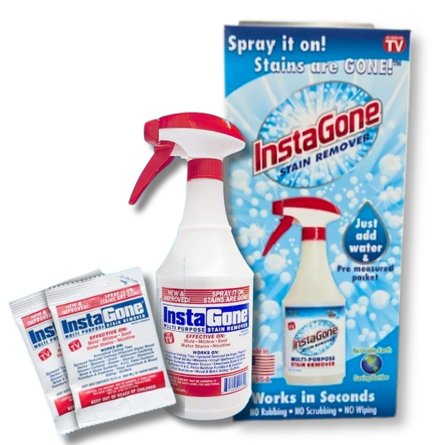 INSTAGONE Stain Remover - RETAIL (2 Pack + 24oz Spray Bottle) - Just Add Water - Indoor/Outdoor Ceiling, Wall, Bathroom, Roof, PVC Fence, Patio Furniture & More