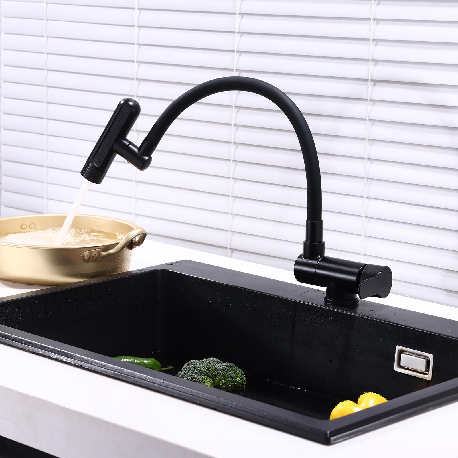XJTNLB Grifo Cocina Bajo Ventana Negro Grifo Cocina Flexible Cascada