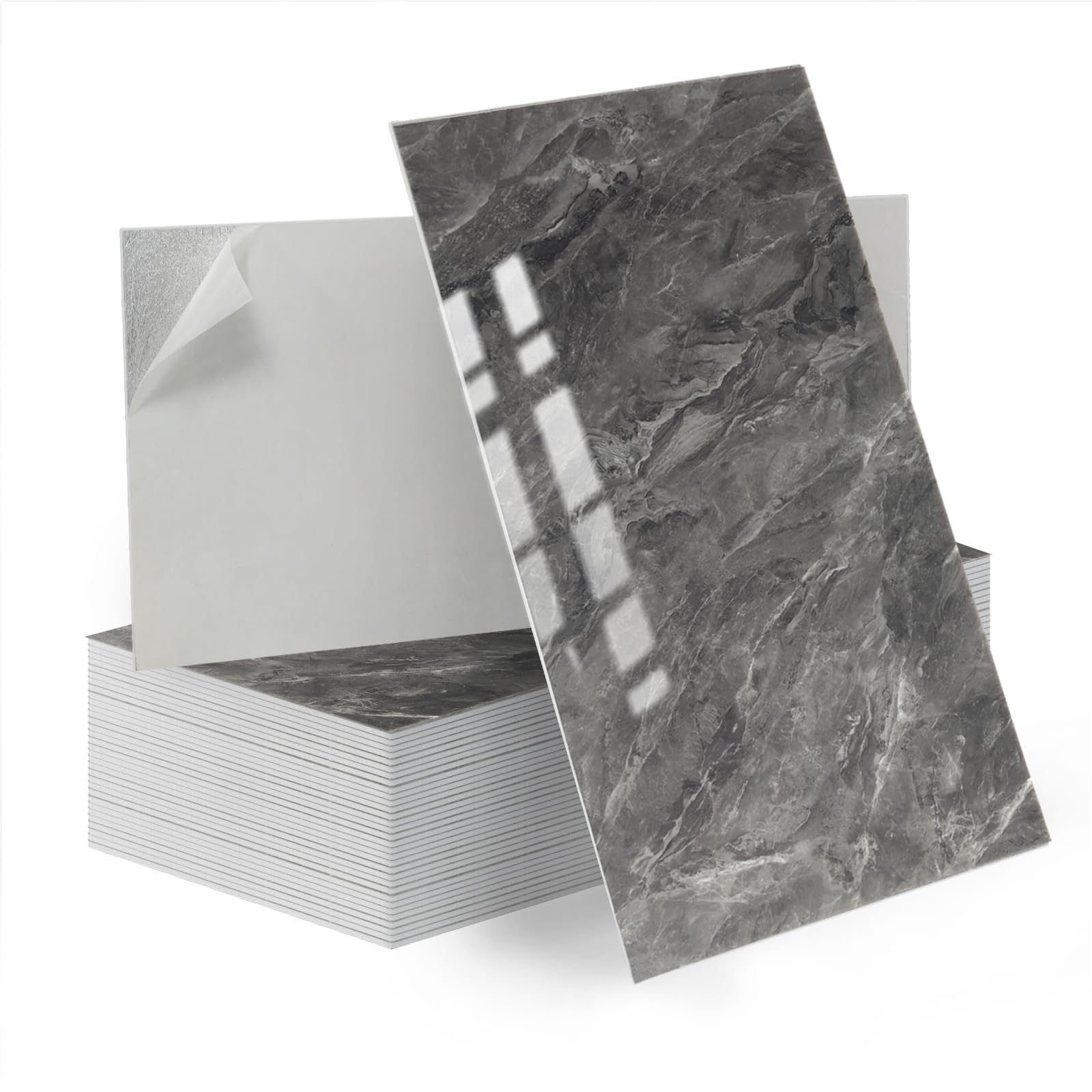 Tarwanear 20Pcs Marble Tile Stickers,Self Adhesive Wall Tiles Marble 60 x 30cm, PVC Peel and Stick on Wall Tiles Waterproof for Living Room Bedroom Bathroom Kitchen Backsplash,Marble Black Grey