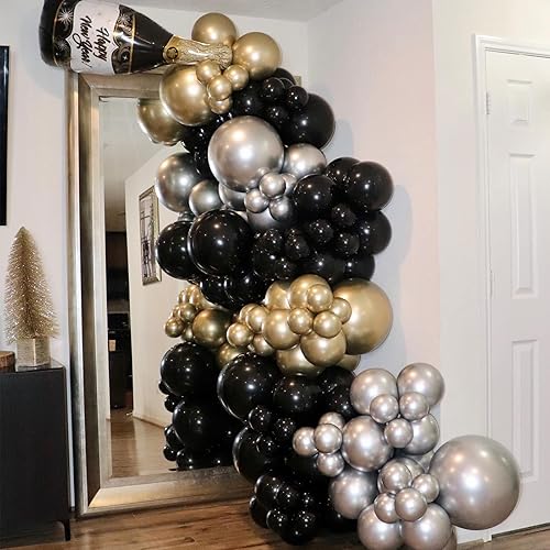 Miniatura 5 de Kit de arco de guirnalda de globos de botella de champán de Año Nuevo, 119 globos metálicos plateados cromados dorados y negros con globos de