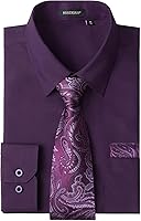 HISDERN Men's Long Sleeve Dress Shirt with Matching Tie & Pocket Square Set - Classic Button Down Formal Business Shirt
