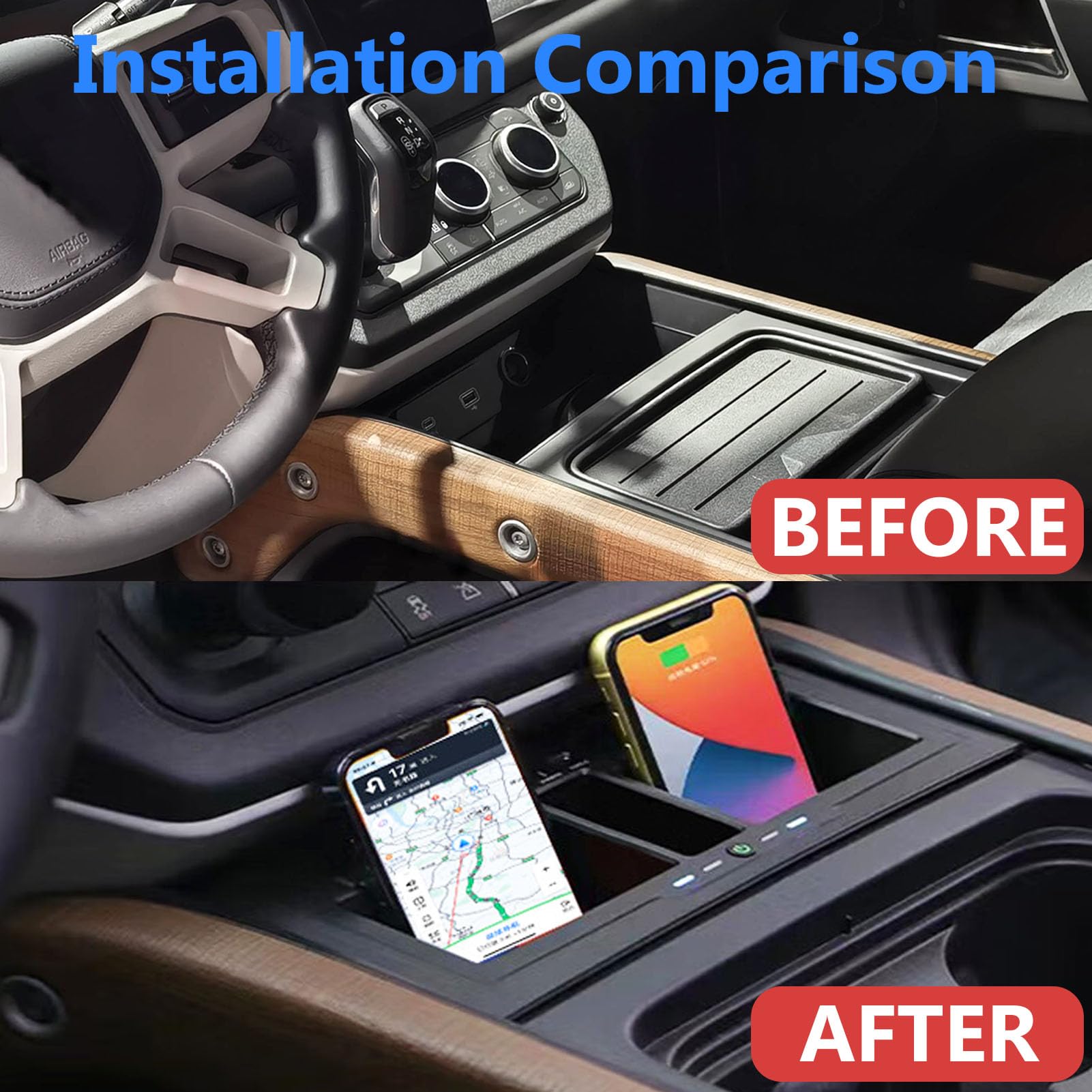 Caricabatterie Wireless Doppio per Auto per Land Rover Defender 90 / 110 / 130 (2020 2021 2022 2023 2024) con 27W USB e Type-C Pannello Console Centrale, Caricabatterie Rapido per i-Phone Sam-sung
