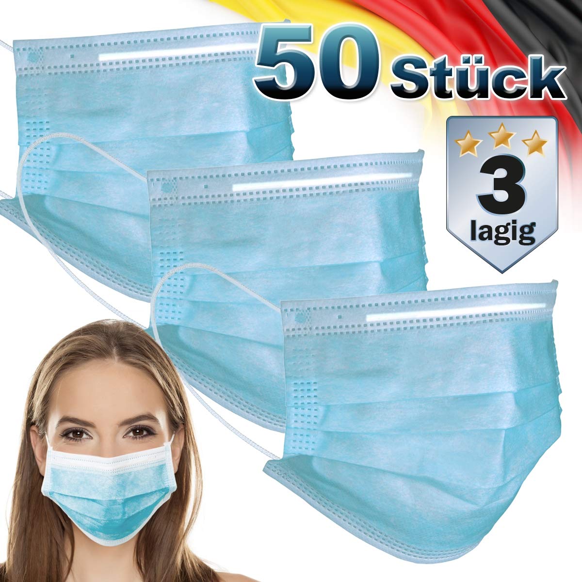 ECD Germany 50 Pièces Masque Facial Jetable avec 3 Couches -Masque de Protection Bleu pour Adultes - avec Boucles d'oreilles et Pince-Nez - Masque de Protection Buccale et Nasale Jetable