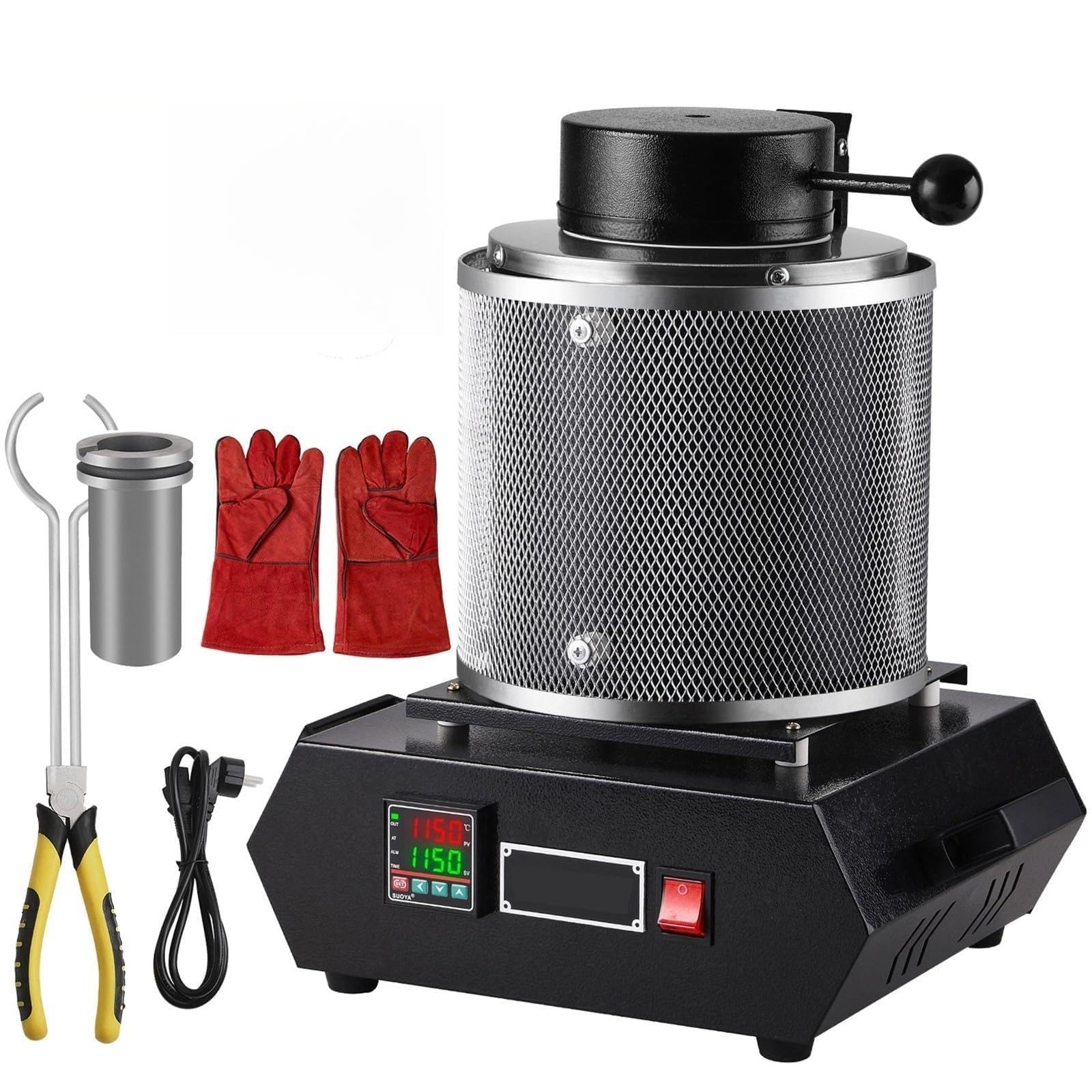 Elektryczny Piec do Topienia Zlota 1500W z Tyglem Grafitowym 1kg 2kg 3kg Cyfrowa Maszyna do Metali z Oslona dla Srebra Zlota Miedzi Aluminium Rafinacja Odlewnictwo Profesjonalne(3KG)