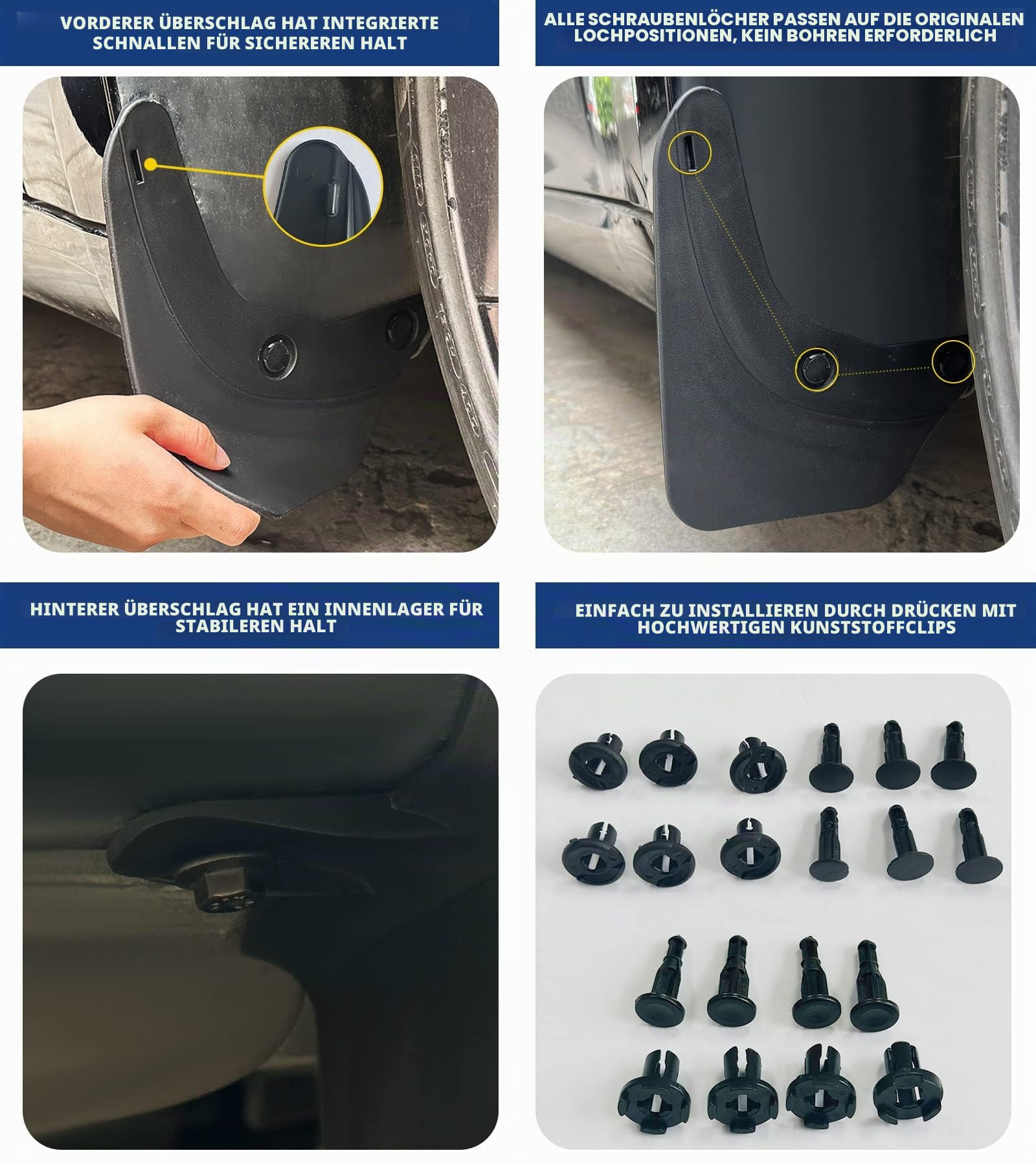 Schmutzfänger für Tesla Model 3 2023-2020, Upgraded Flexible Ohne Bohren/Klebeband, Spritzschutz Kotflügel Zubehör, 4 Stück