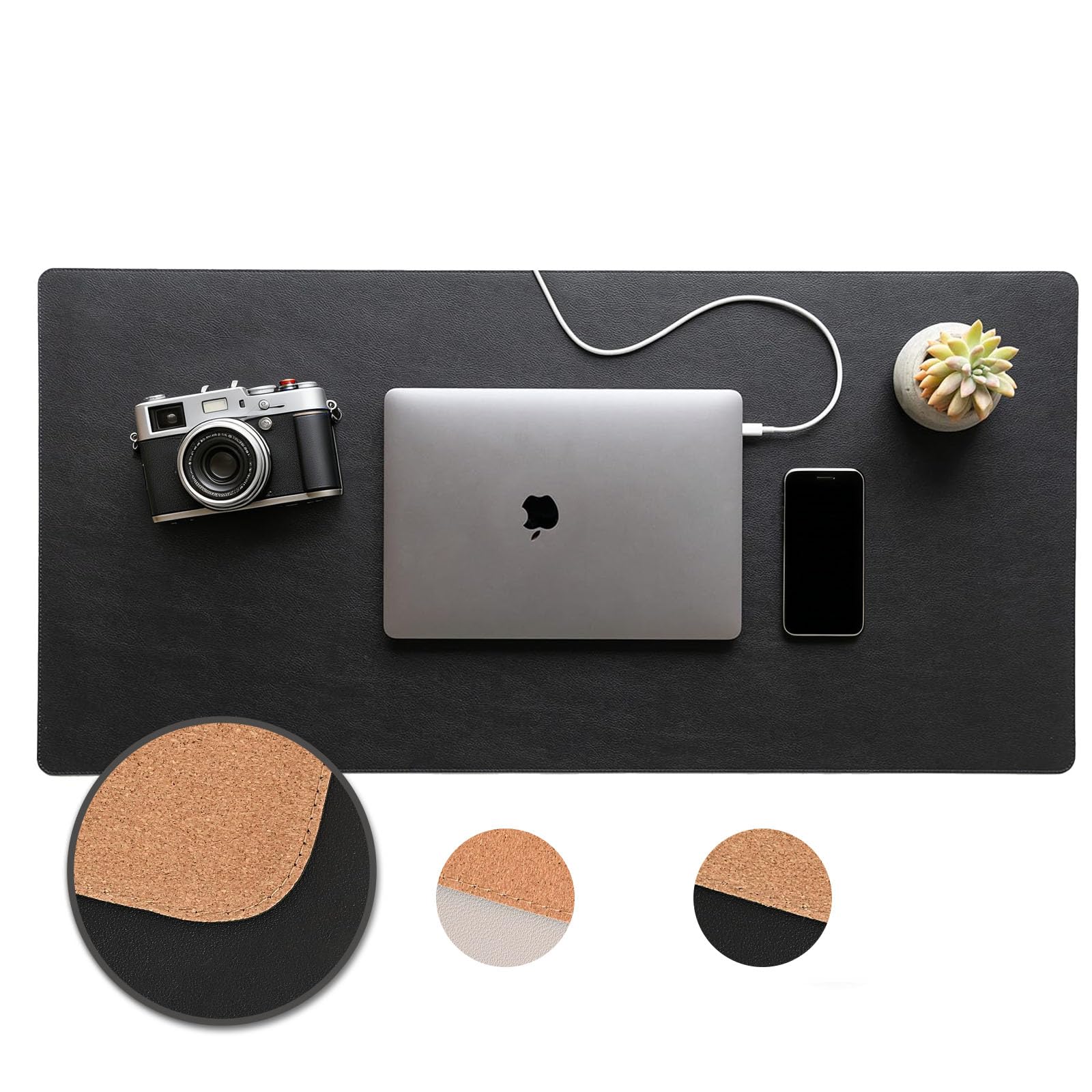 DAWNTREES 90x40 cm Cork Leather Desk Mat - Non-Slip Vegan Leather Desk Pad, Office Desk Protector & Mouse Mat Blotter-Black