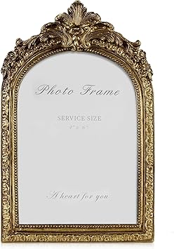 Vintage 4x6 Picture Frame, Gold Ornate Resin Frames with Plexiglass Front for Tabletop and Wall Mounting, Antique Arched Photo Frame for Home Office Decor