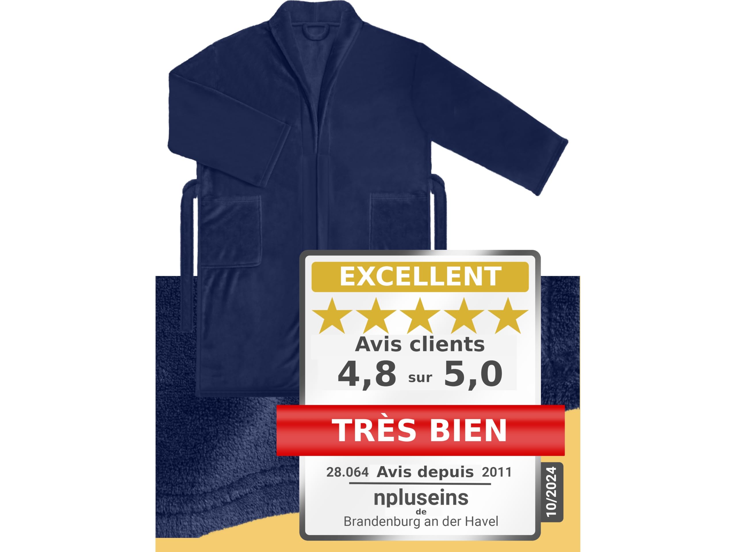 npluseins Peignoir de bain en polaire moelleuse avec col châle – Femme & Homme, XXL, Marine