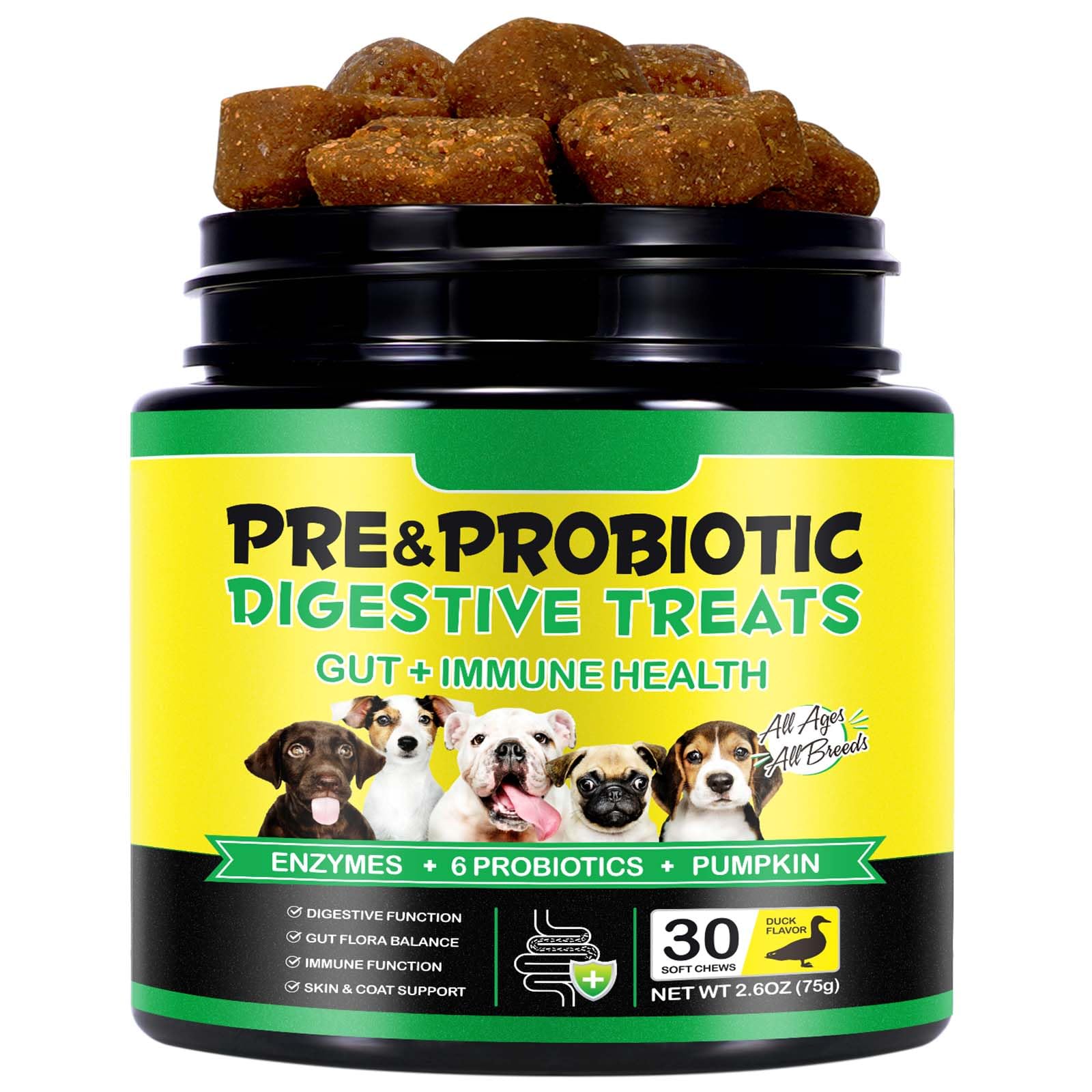 Probiotics for Dogs, 30 Probiotic Tablets for Dog, Dog Probiotics for Gut Health Pre & Probiotic Digestive for All Dogs Health & Energy, Duck Flavor